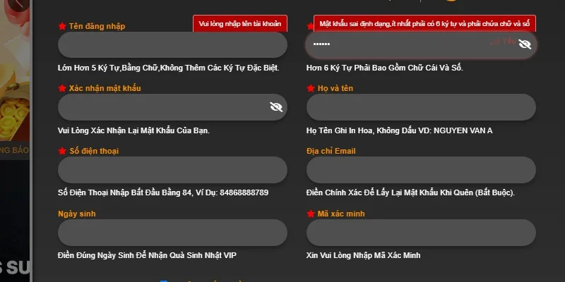 Nhấn vào ô đăng ký 8XBET điền thông tin